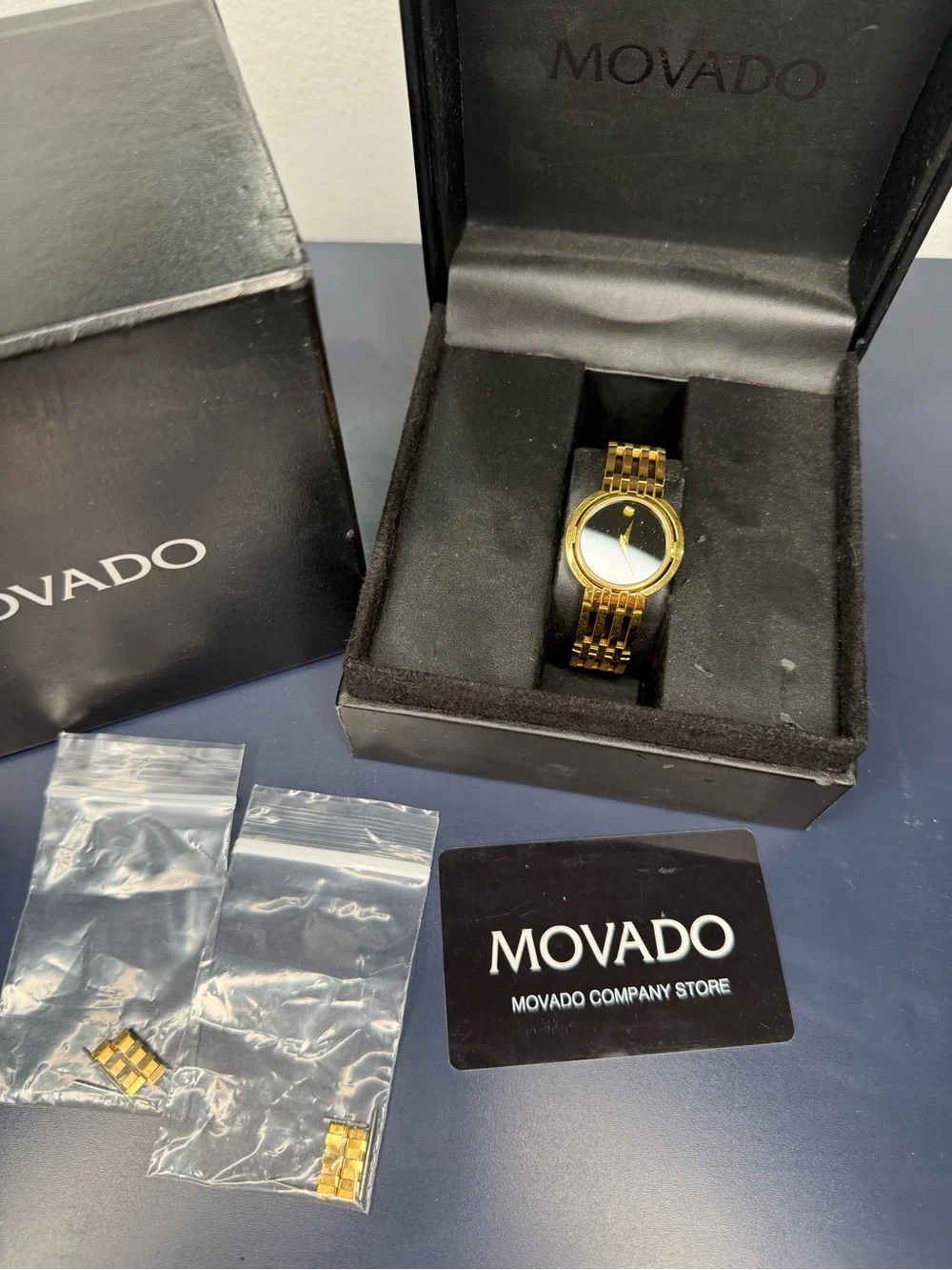 Movado Gold and Black Museum Dial Watch in Presentation Box